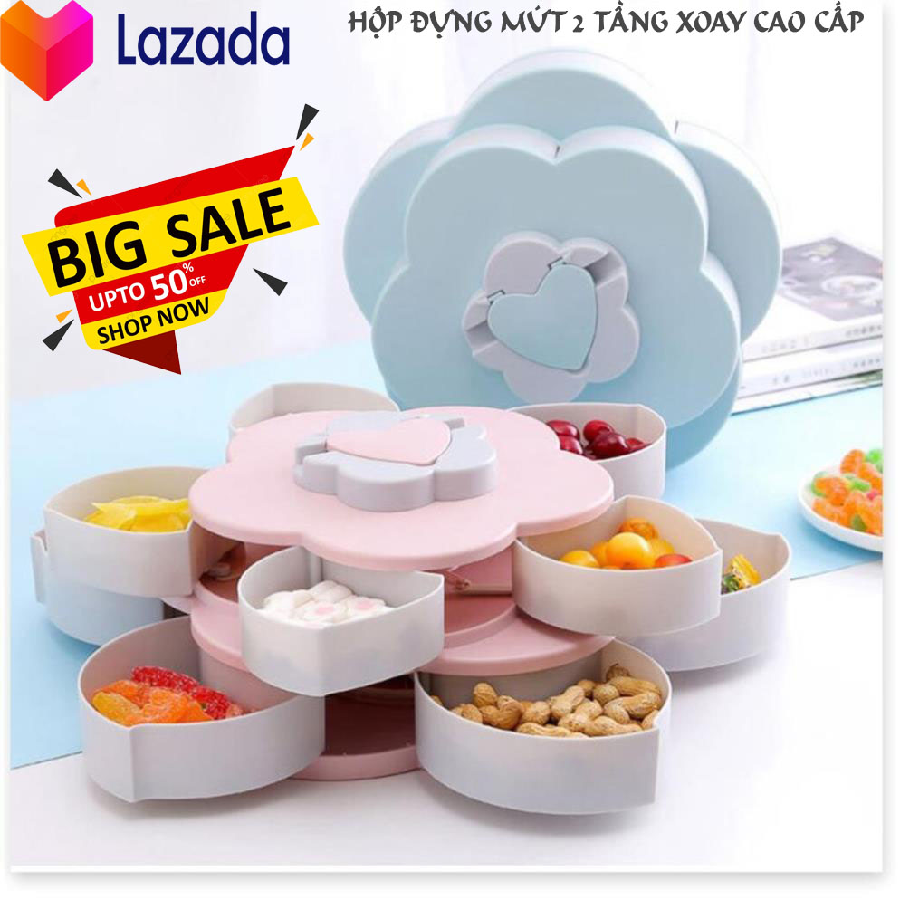 Khay đựng mứt tết hình cánh hoa xoay 2 tầng cao cấp, khay đựng kẹo mứt 2 tầng 10 cánh hoa thế hệ mới, hộp đựng bánh kẹo mứt tết 2 tầng có ngăn trên để điện thoại tiện lợi.