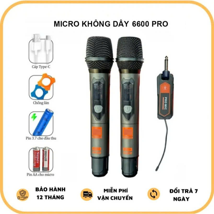 [ MIỄN SHIP ] Micro Wireless Pro 6600 - Độ Nhạy Cao Hát Nhẹ, Chống Hú Rít Chất Liệu Kim Loại Chắc Chắn - Chuyên Dùng Cho Loa Kéo, Amply, Loa bluetooth, Mixer, Vang Cơ - Micro Karaoke Không Dây Chống Hú Bảo Hành 1 Năm