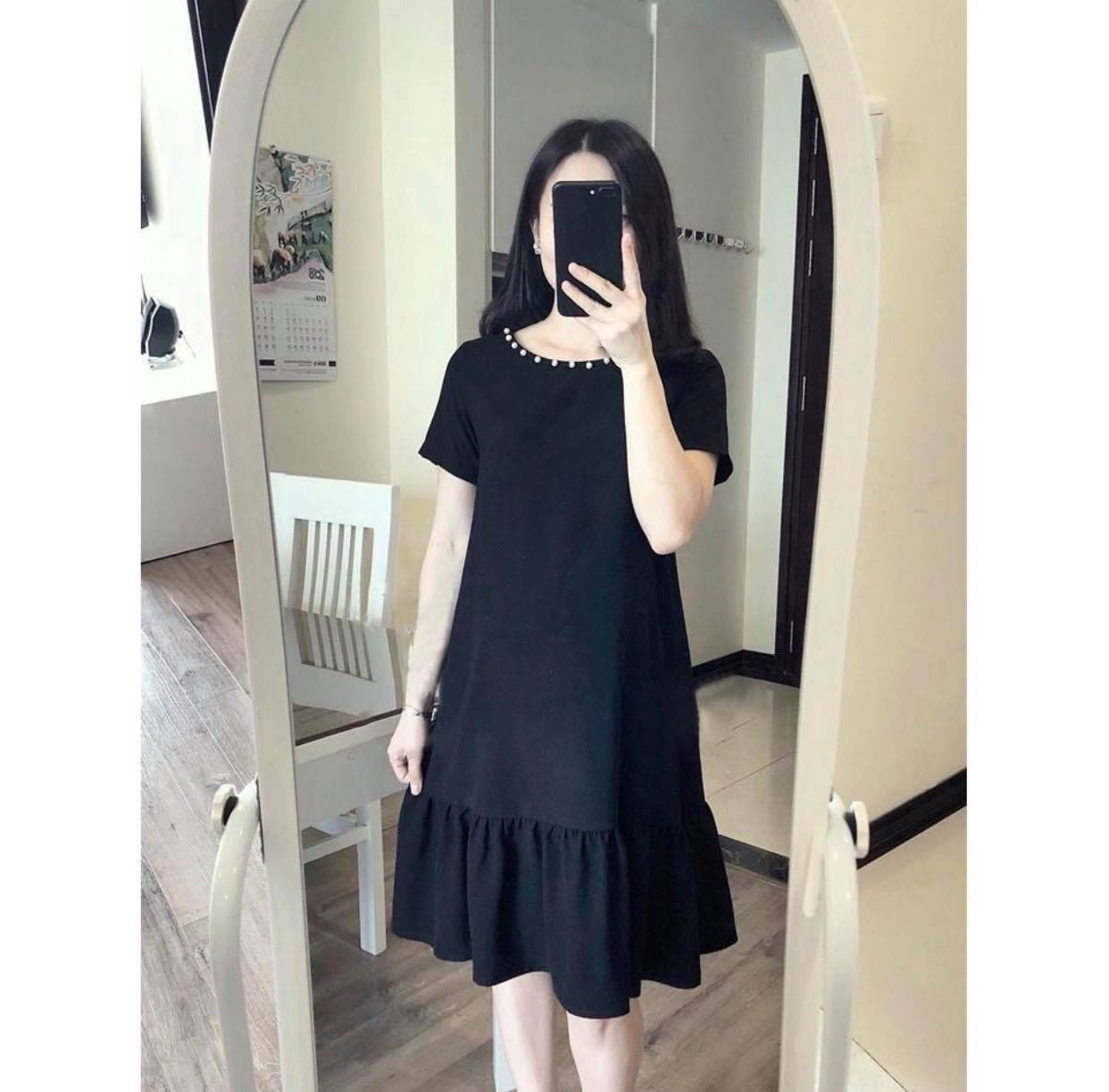 Đầm bầu công sở V01 Váy bầu đen đuôi cá cổ ngọc