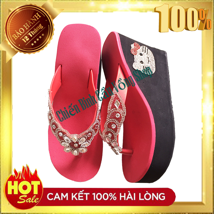 Dép kẹp đá hoa màu đỏ dán gót mèo cao 10cm - HÀNG CHUẨN - BẢO HÀNH 12 THÁNG - Dép xỏ ngón nữ - Dép kẹp đính đá