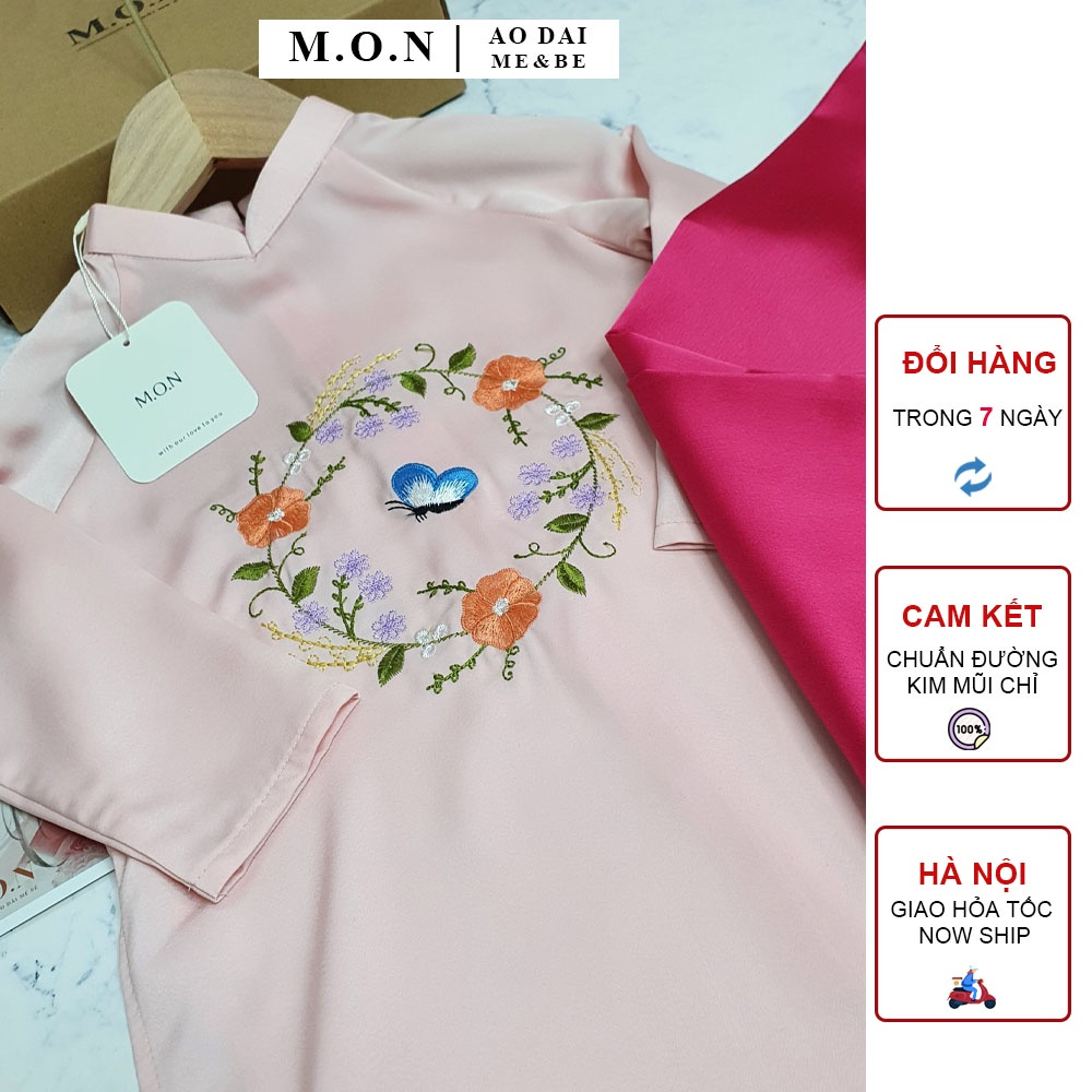 Áo dài bé gái chất lụa cao cấp mát lịm thêu hoa hồng diệp hồng
