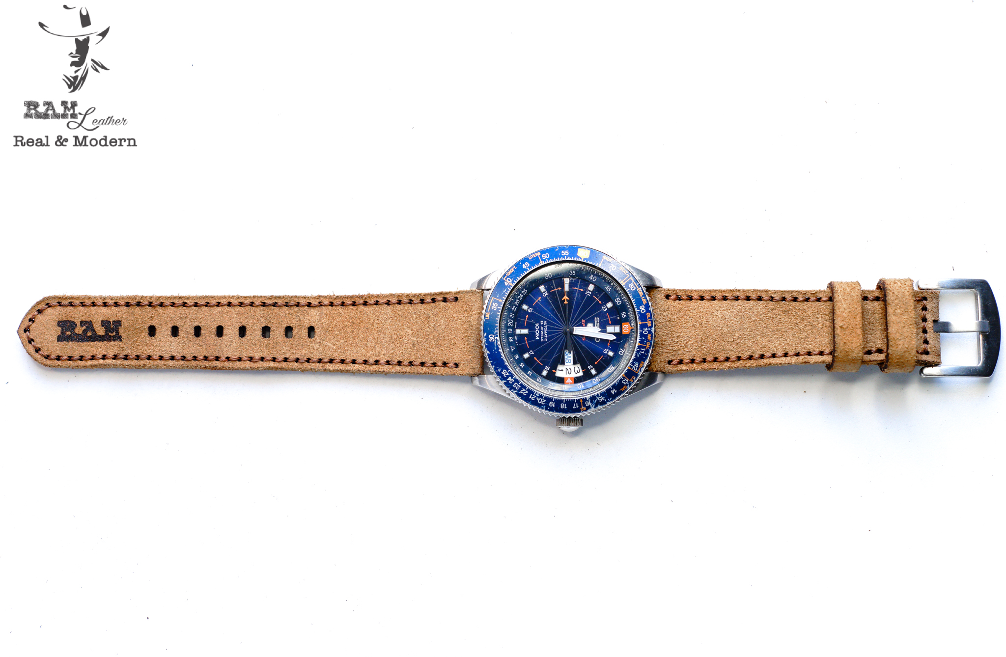 Dây da đồng hồ siêu bền da bò bản bền đẹp ram leather 1960 da bò lộn nâu sáng chính hãng ram leather