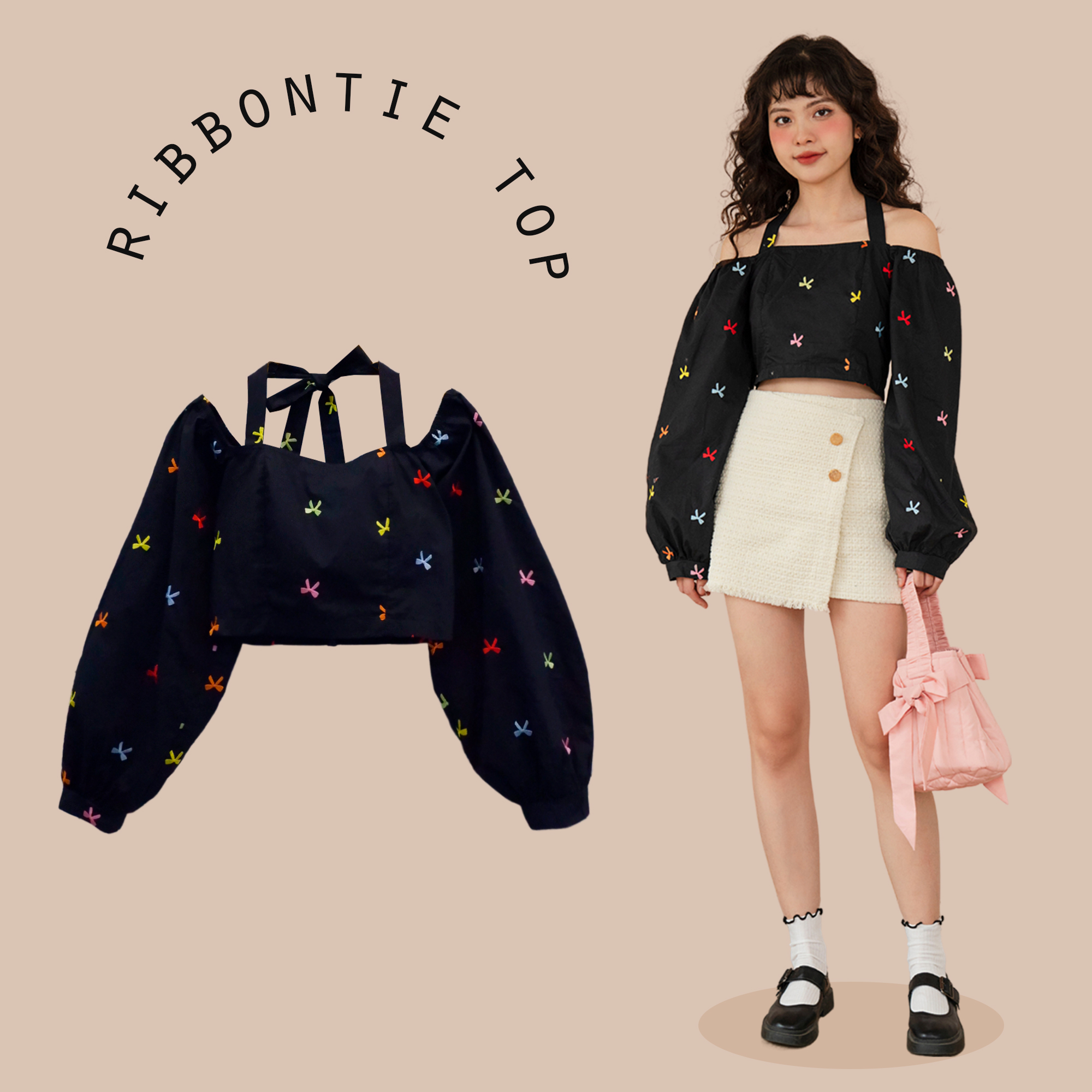 Bleubird áo thô thêu nơ buộc dây ribbontie top