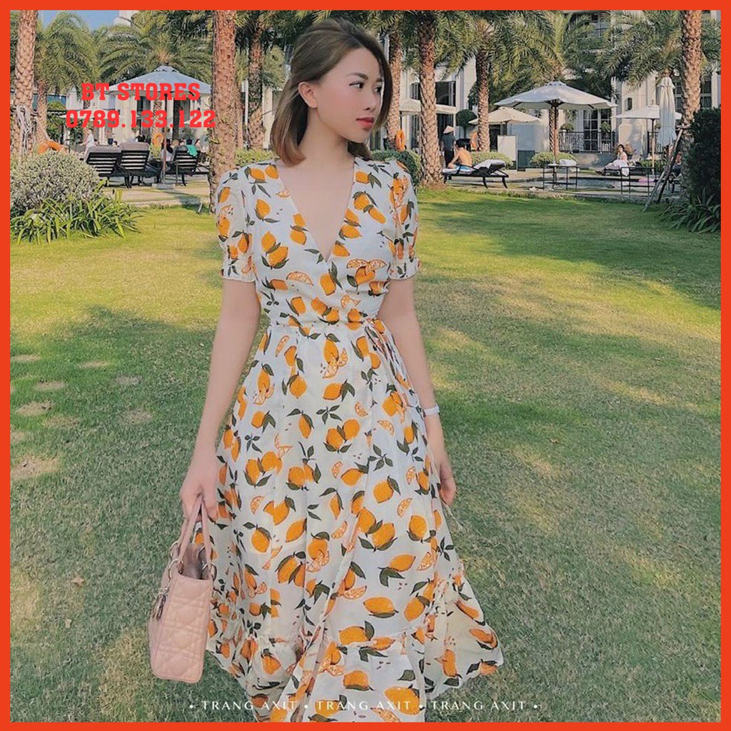 Đầm maxi đi biển họa tiết xoài màu cam vàng
