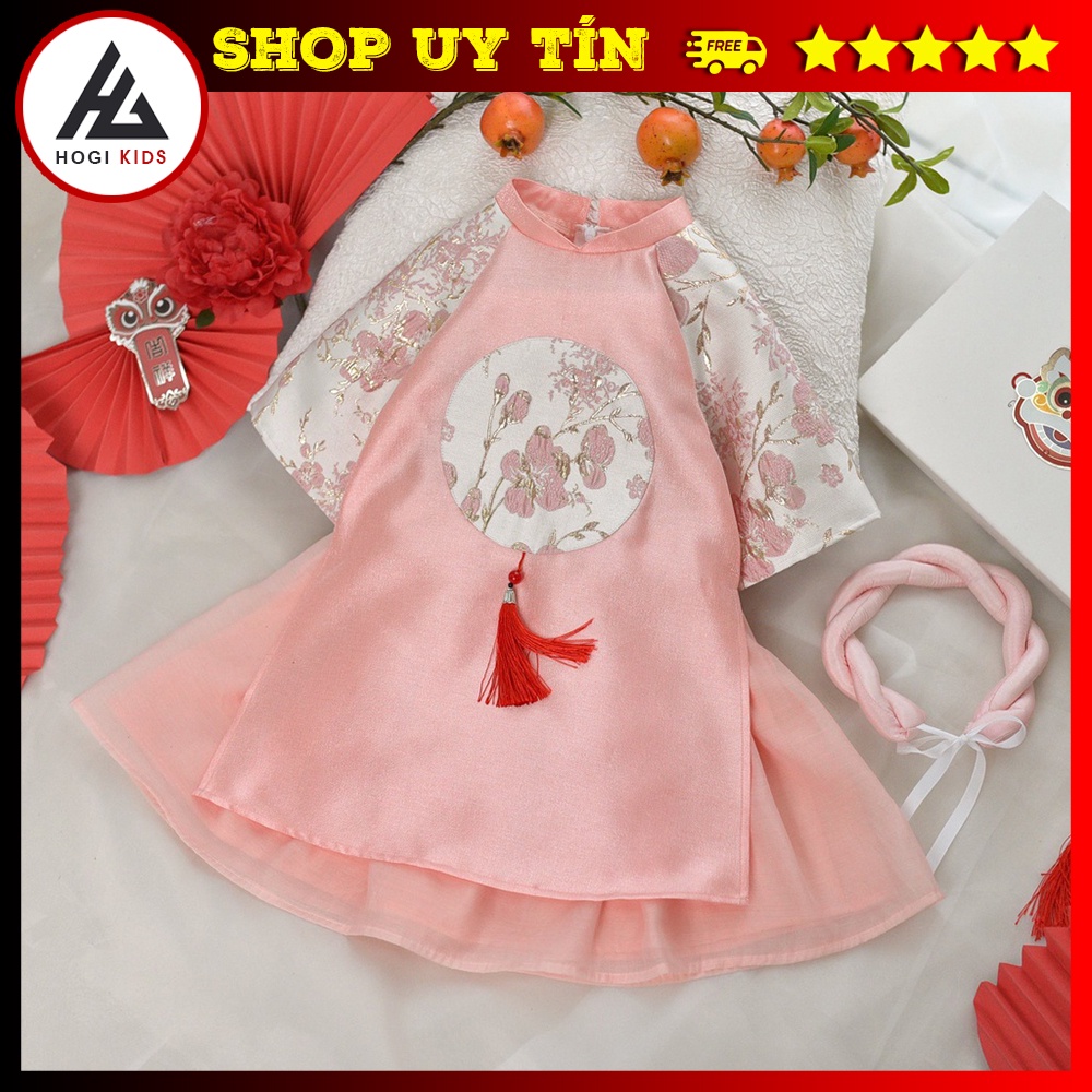 Áo dài bé gái phối gấm hoa đào 2 màu đỏ hồng , sét áo dài trẻ em size - Hogi Clothing