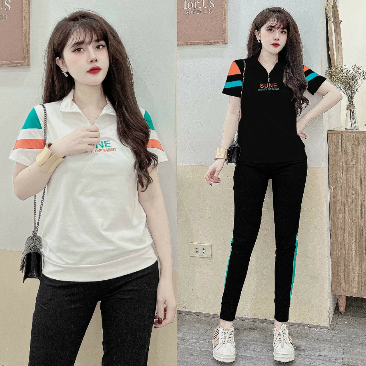 Đồ bộ thể thao dài thun cotton phối khóa kéo chữ sun