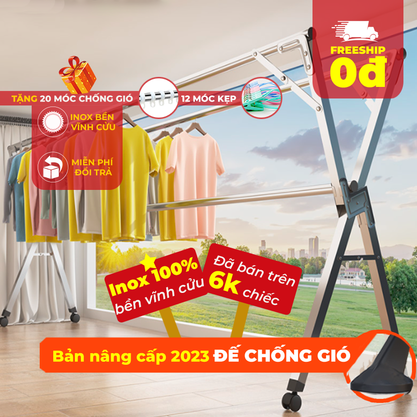 Sào phơi quần áo gấp gọn thông minh, inox cây bền đep 2023 cải tiến bánh xe có Phanh, giá giàn phơi đồ TẶNG 20 MÓC