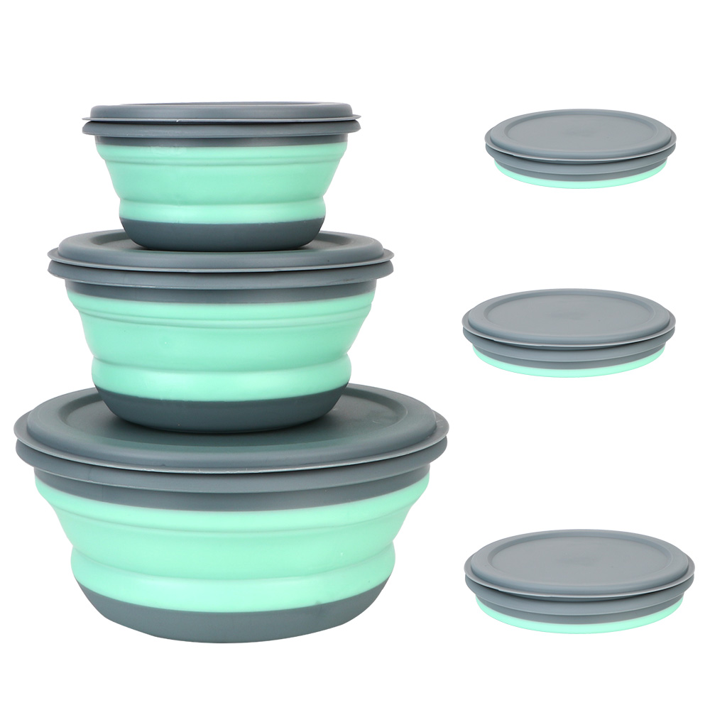 Silicone Bộ đồ ăn thiết lập với nắp di động có thể gập lại bát Salad 3 cáibộ gấp Hộp Ăn Trưa Bát Bộ gấp bát