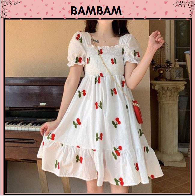 Đầm voan lụa xòe in hình trái chery xinh xắn, đầm babydoll cherry