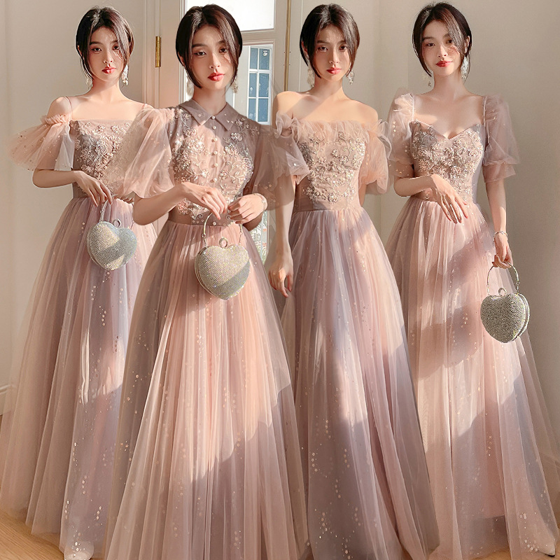 Bộ váy váy phù dâu màu hồng váy phù dâu bạn gái váy dạ hội dài tay mẫu mới