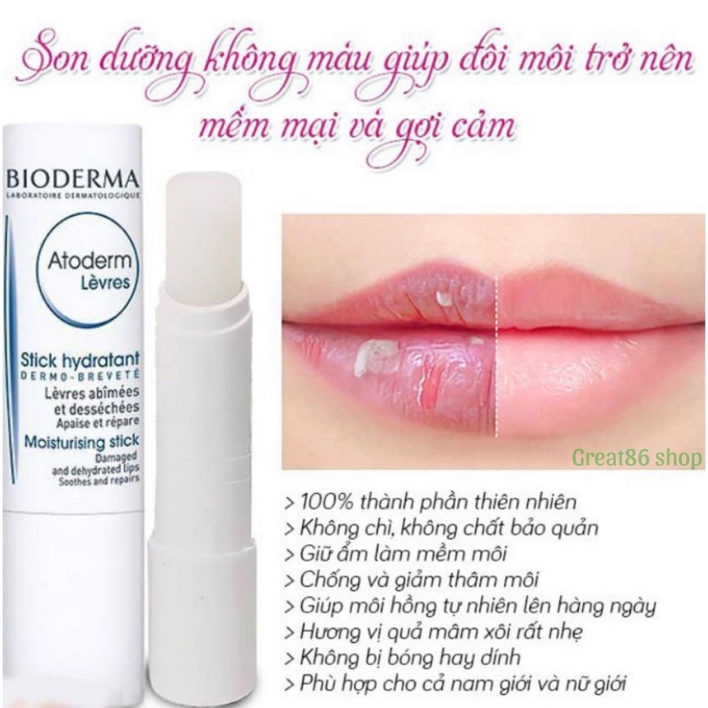 Son dưỡng môi Great86 son dưỡng Bioderma Atoderm Levres dưỡng ẩm, giảm thâm, hết nứt nẻ mềm mịn môi xuất xứ Pháp 4g