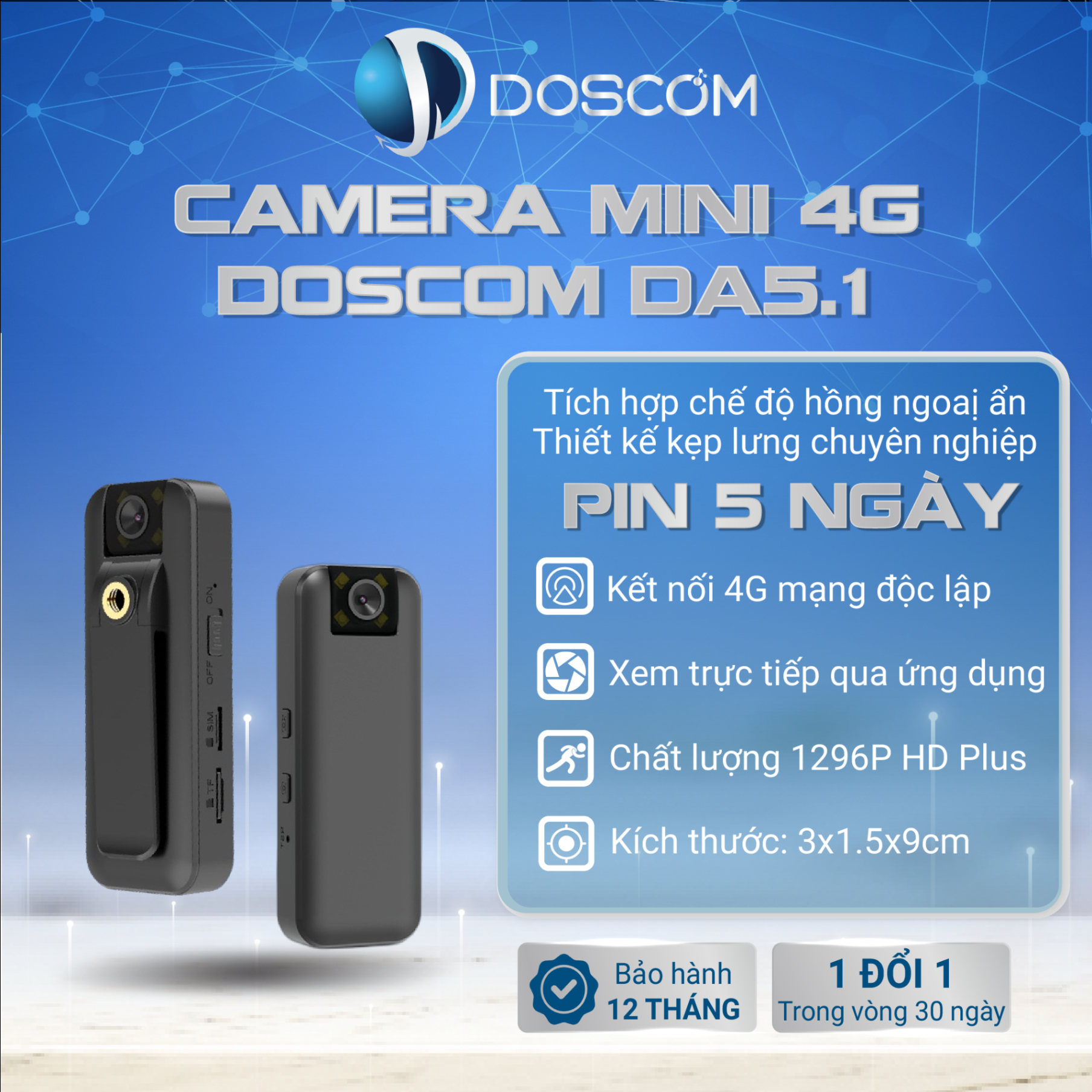 Camera 4G Mini Doscom DA-5.1 Full HD 1296P Góc Siêu Rộng, Hỗ Trợ Tầm Nhìn Đêm - Tặng Kèm Sim 4G Khôn