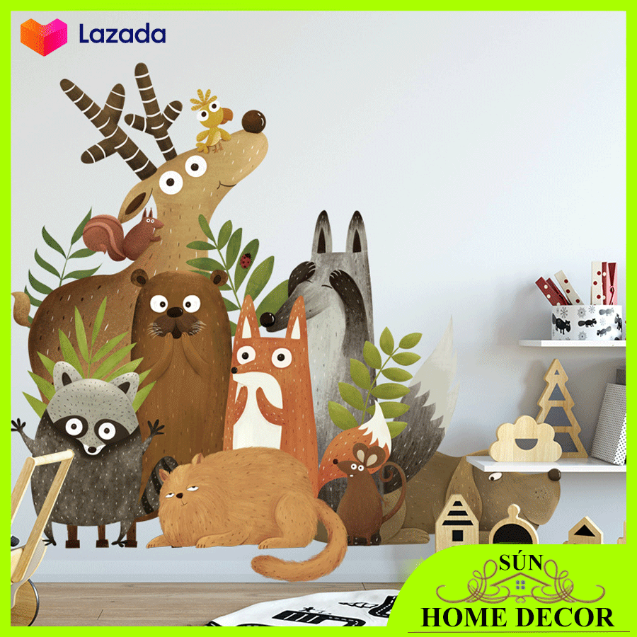 Decal dán tường cho bé hình các động vật màu sắc siêu đẹp, trang trí tường nhà, phòng khách, quán cafe cực chất
