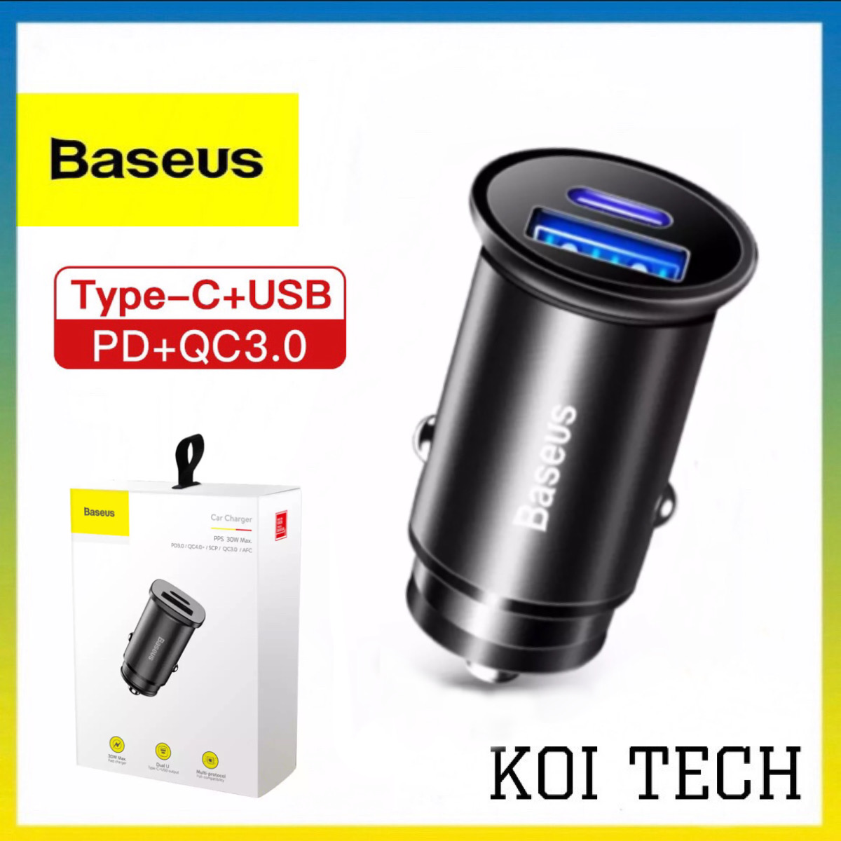 Tẩu sạc oto nhanh 5a Baseus 2 cổng tpye c và usb có qc 3.0 - củ sạc nhanh trên oto 30W có đèn led - cốc sạc bảo vệ thiết bị trên oto  - KOI TECH