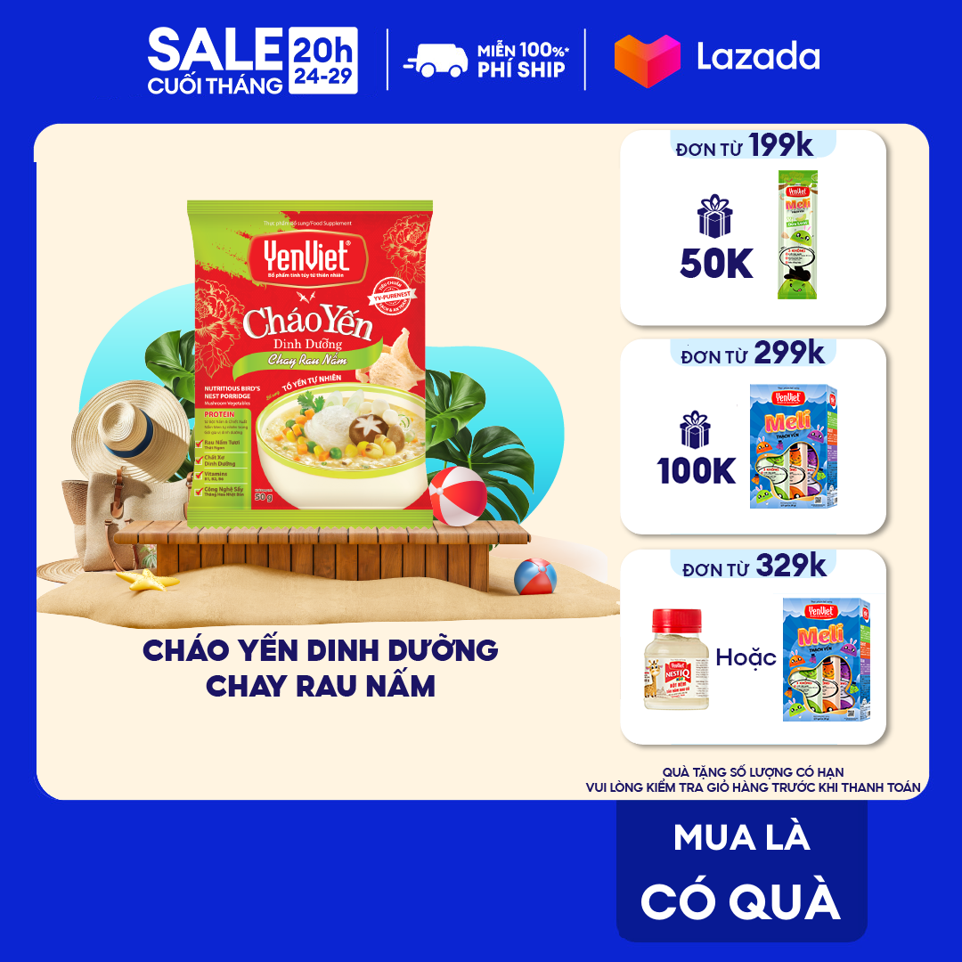 Yến Việt - Cháo yến dinh dưỡng chay rau nấm, bổ sung vitamin B, không bột ngọt, chất bảo quản thùng 30 gói x 50g