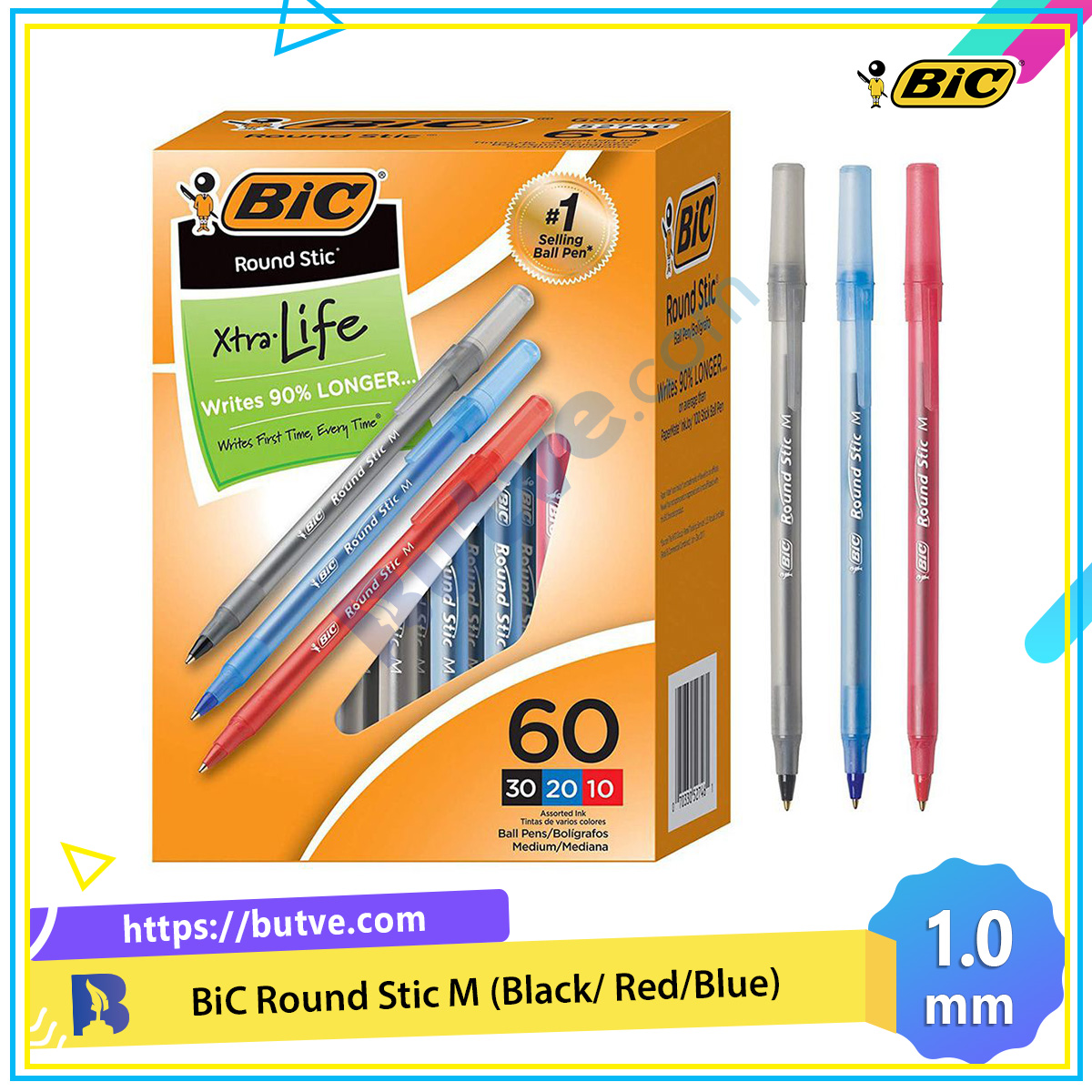 [HCM]Bút bi nắp đậy kiểu dáng cổ điển BiC Round Stic M - Ngòi 1.0mm (Cây lẻ)