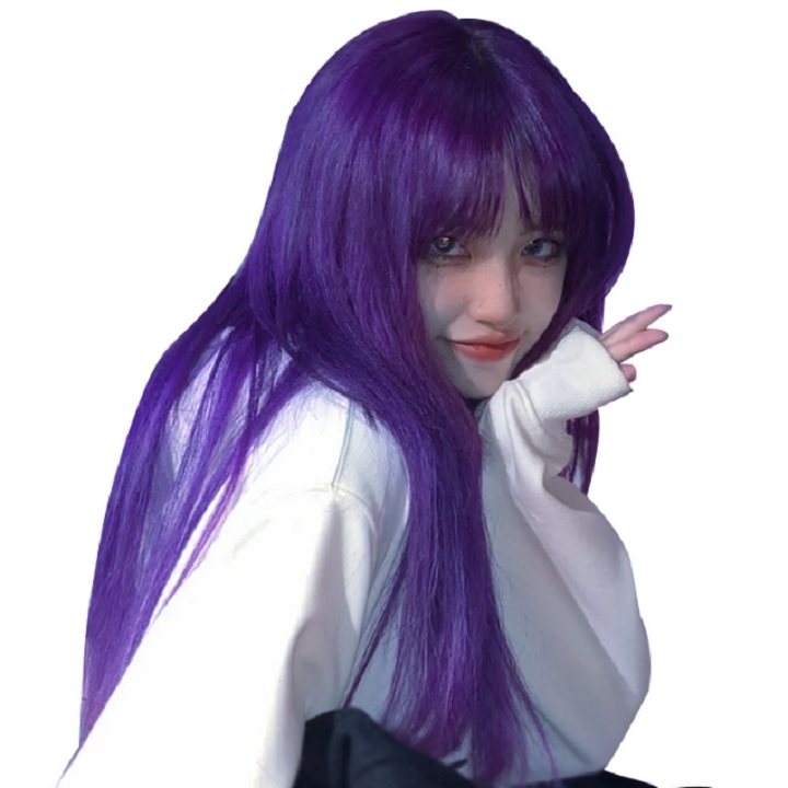 Tóc giả nữ nguyên đầu,tóc giả nữ cao cấp làm bằng tơ mềm mượt như tóc thật (màu tím) + tặng kèm lưới