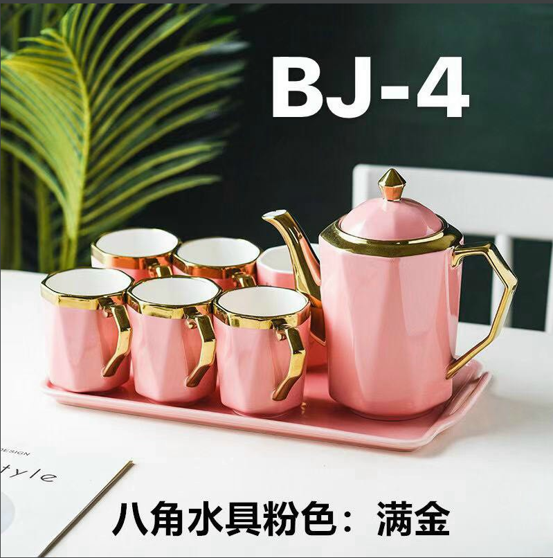 BỘ ẤM CHÉN PHA TRÀ CÀ PHÊ KÈM KHAY MÀU HỒNG VIỀN VÀNG CAO CẤP
