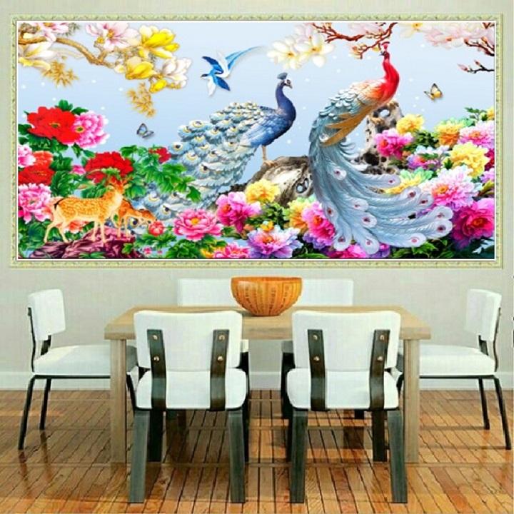 Tranh Đính Đá Chim Công Đắc Lộc Toàn Gia LV458 Kích Thước 120*59CM (Tranh Tự Đính)