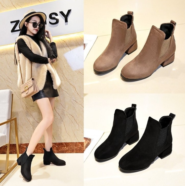   CAO CẤP  Giày boot nữ 3 phân da lộn đính khoen tròn trơn boot nữ cổ ngắn hàng xịn Korea S074 