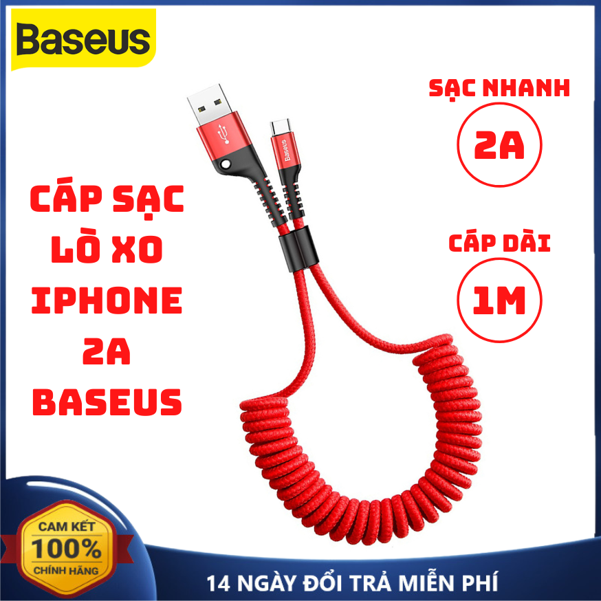 Cáp sạc nhanh lò xo iphone 2a baseus dây sạc nhanh lò xo lightning cáp sạc lò xo co giãn iphone dây sạc lò xo co giãn dài 1m