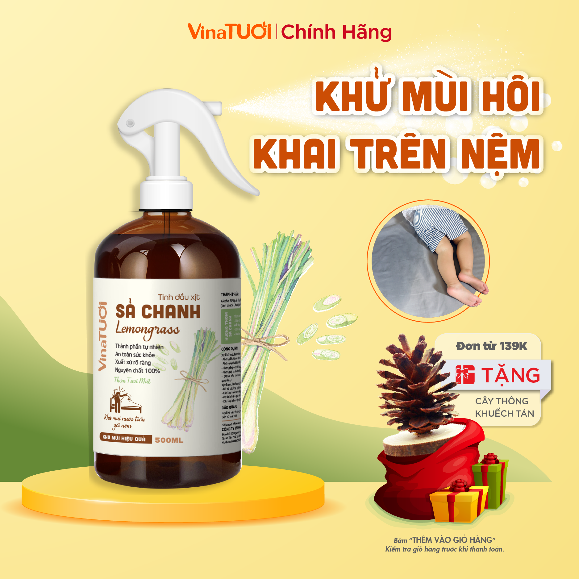 Chai Dung Dịch Xịt Khử Mùi Hôi Khai Nước Tiểu VINA TƯƠI 100ml-500ml Cho Người Già, Trẻ Em Tè Lên Nệm Giường