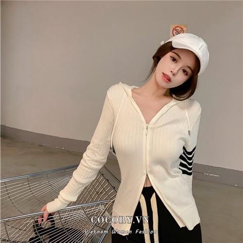 ✆۩┇ Áo Croptop Dệt Kim Mỏng Tay Dài Có Khóa Kéo Và Mũ Trùm Đầu 4 Màu Thời Trang Cho Nữ