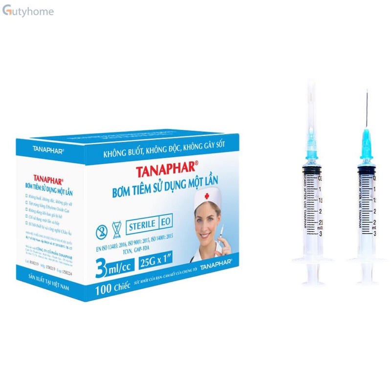 Hộp 100 cây bơm tiêm 3ml sử dụng một lần, hộp bơm kim tiêm 3ml ống chích sử dụng 1 lần tiệt trùng tanaphar