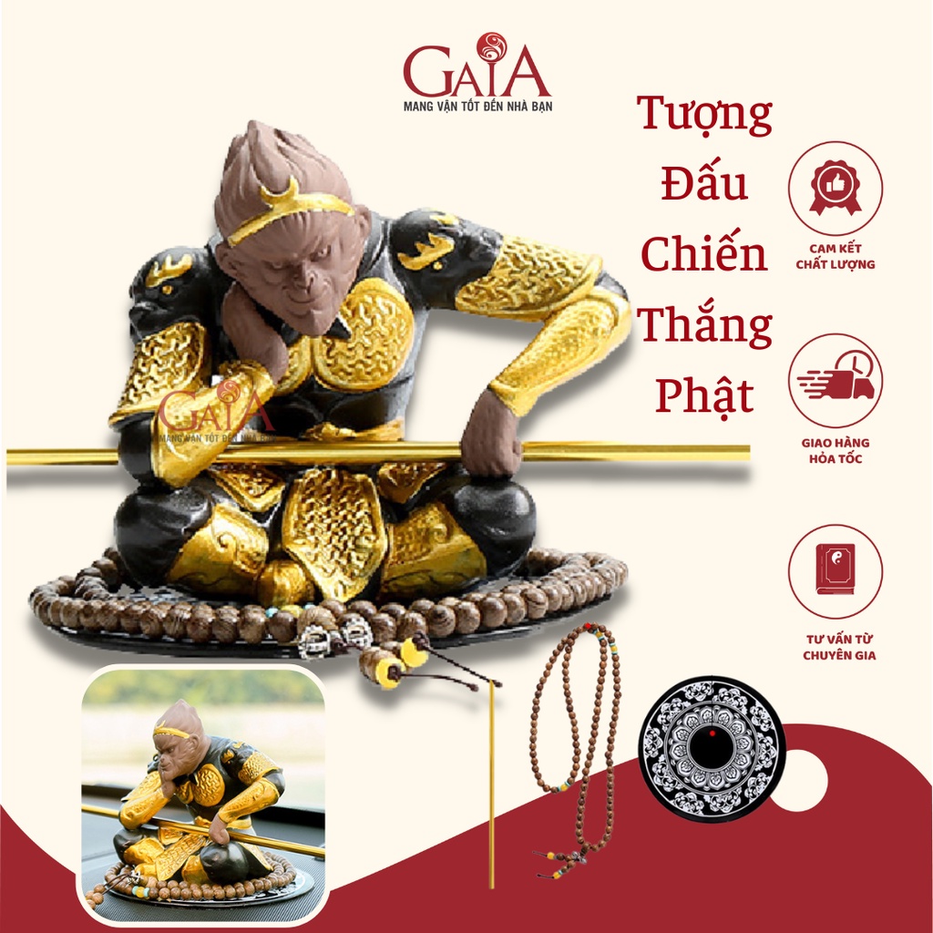 Tượng đấu chiến thắng phật - tượng tôn ngộ không - Kèm đế dán ô tô, chuỗi hạt và gậy thiết bảng