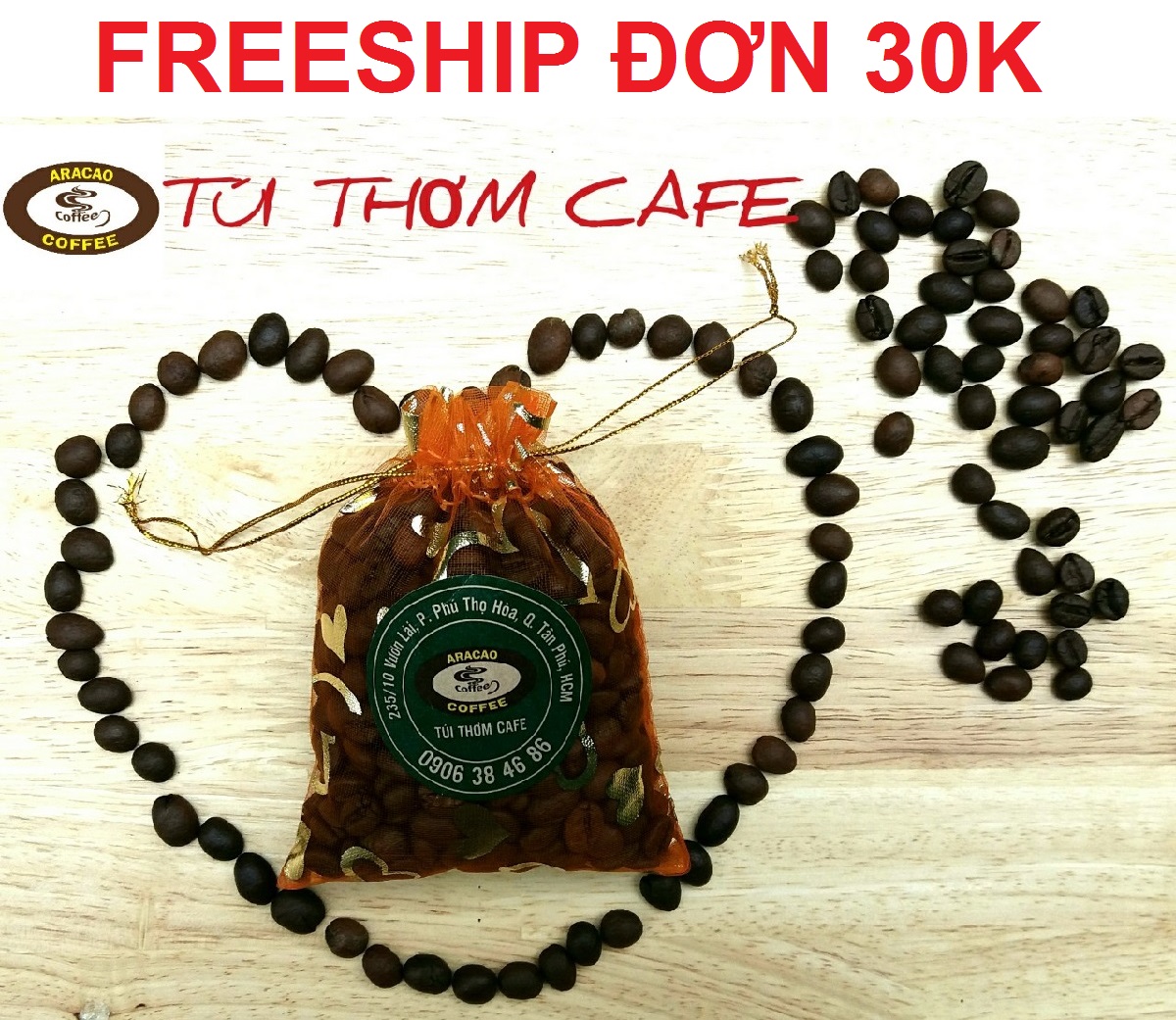 [HCM][Túi voan 100g] Túi thơm cafe túi thơm khử mùi ARACAO COFFEE 100% hạt cà phê nguyên chất  rang mộc