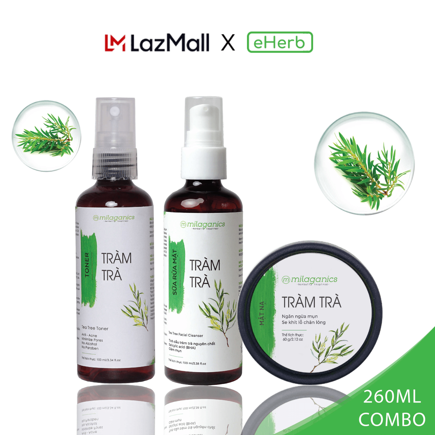 Sữa rửa mặt, toner & mặt nạ đất sét làm sạch dịu nhẹ, ngừa mụn milaganics 260gr - eherb