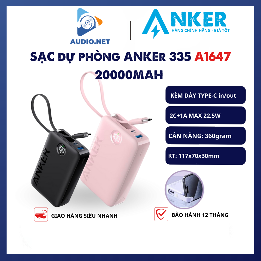 Sạc dự phòng 20000mah Anker 335 A1647 USB-C 22.5W , tích hơp cáp Type C - Bảo hành 12 tháng.