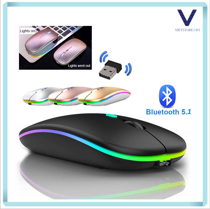 Chuột Không Dây có thể sạc lại bt5.1 LED yên tĩnh chuột USB laptop máy tính chuột cho PC quang học