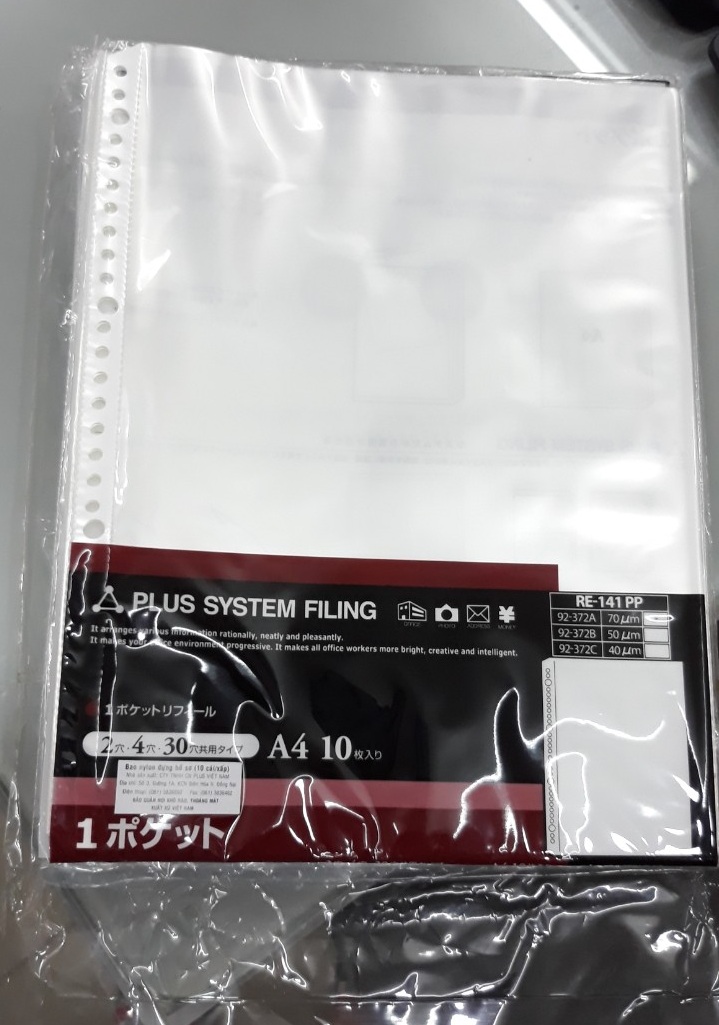 Bìa lỗ Plus A4 Clear Sheet Protectors, 92-372A ( xấp 10 tờ)