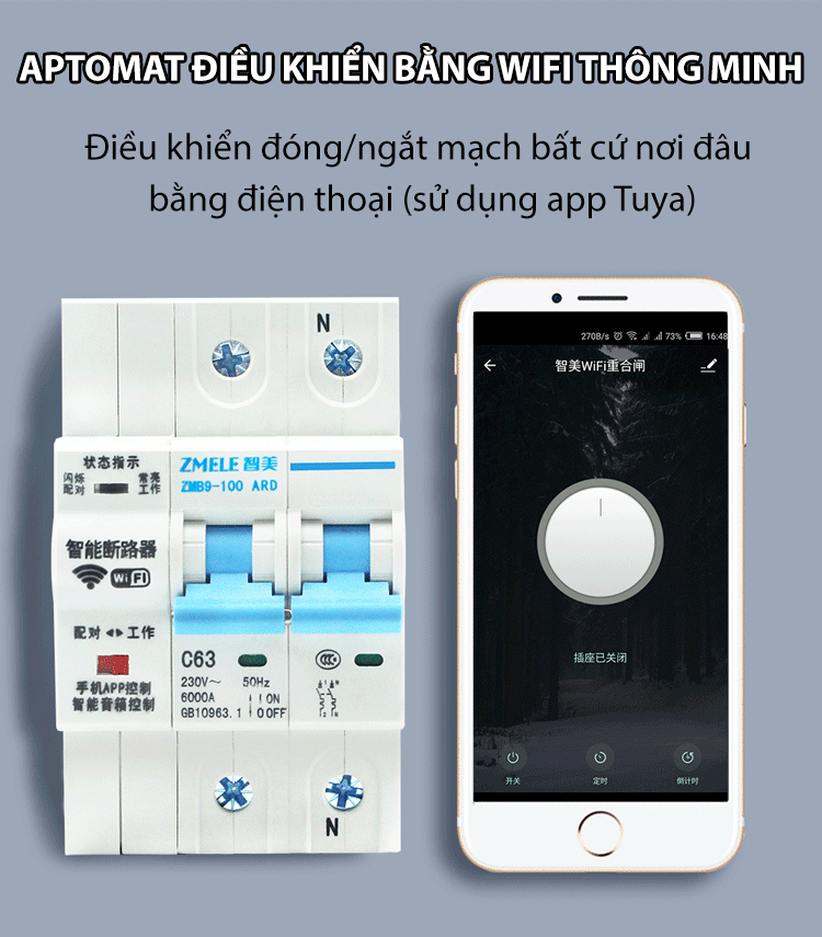 Aptomat Cầu Dao Tổng Điều Khiển Qua Wifi -Tuya 40A, Điều khiển cầu dao từ xa bằng điện thoại