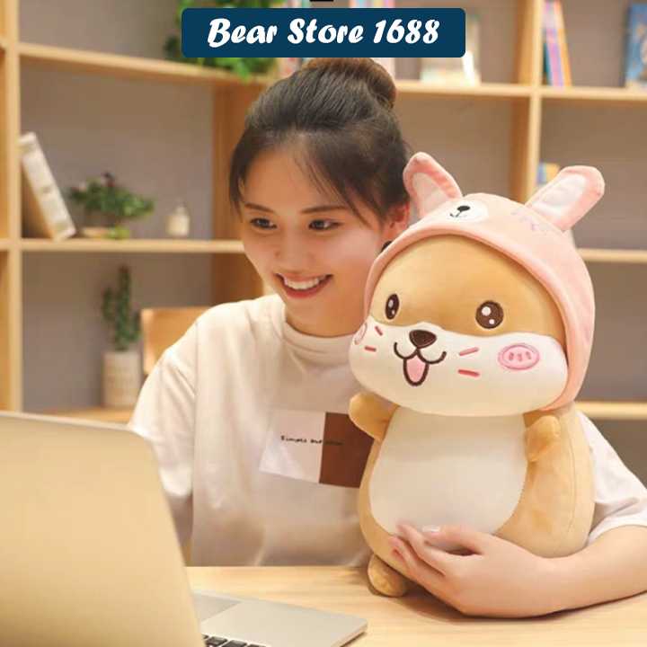 Gấu bông gối ôm chuột hamster mũ hồng vải co dãn 4 chiều Hàn Quốc