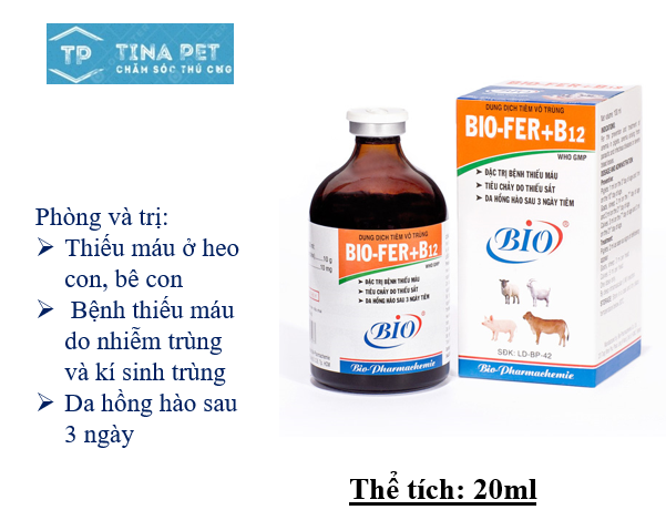 BIO-FER+B12 20ml. BỔ SUNG SẮT CHO HEO CON, BÊ NGHÉ