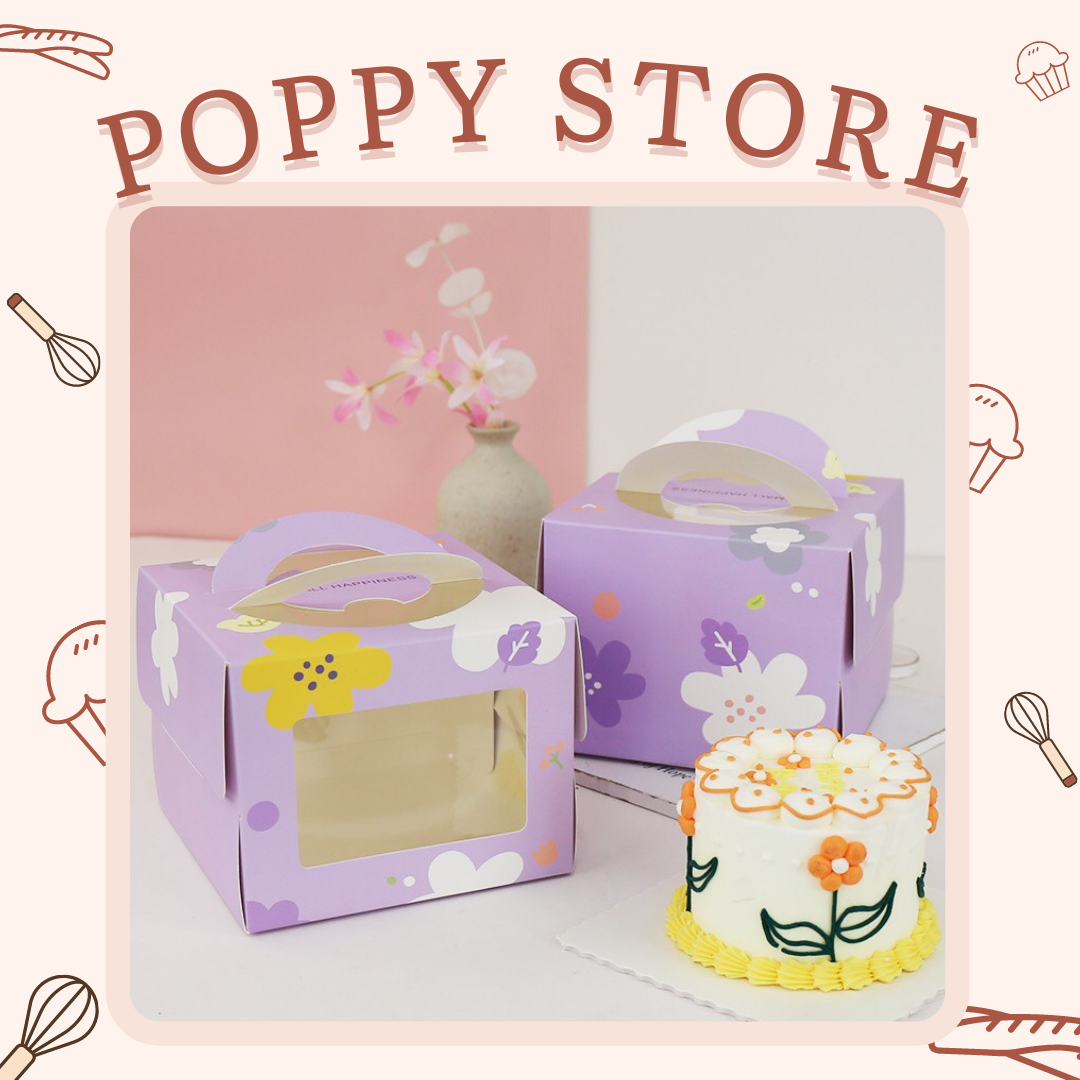 Hộp đựng bánh kem sinh nhật, tặng kèm đế bánh, kích thước 16x16x12cm, phong cách dễ thương, màu sắc pastel - POPPY STORE