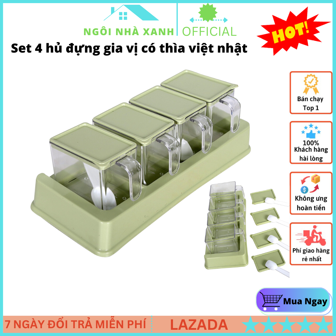 Bộ đựng gia vị nhà bếp, Bộ 4 hũ đựng gia vị nhựa Việt Nhật có thêm thìa múc gia vị tiện lợi, lọ đựng gia vị nhà bếp, hộp đựng gia vị nhà bếp, hũ đựng gia vị