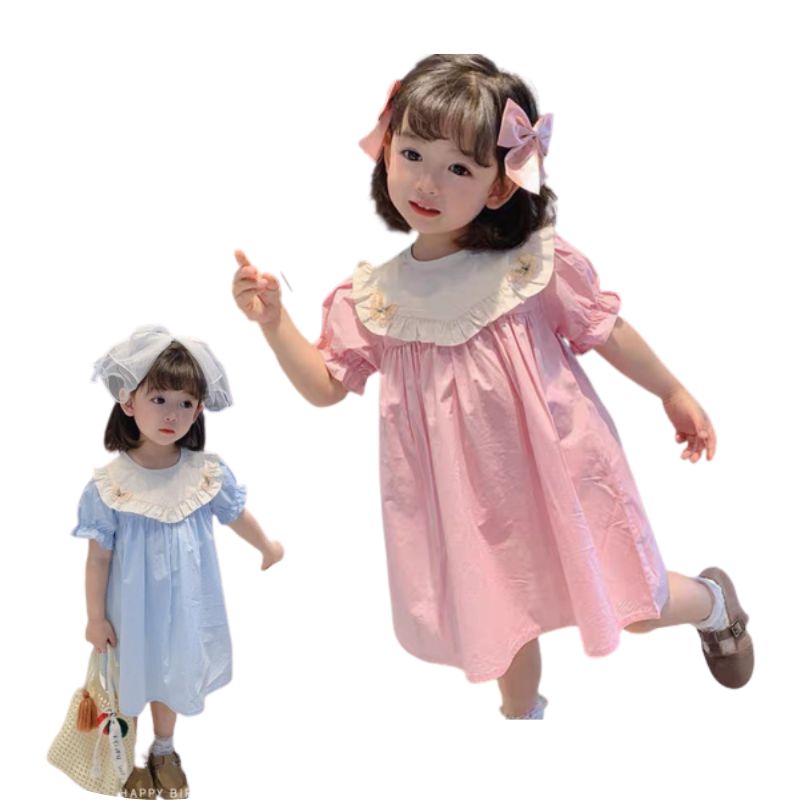 Váy bé gái babydoll thô mềm cổ trắng tay bồng xanh và hồng 10-30kg xhn1140
