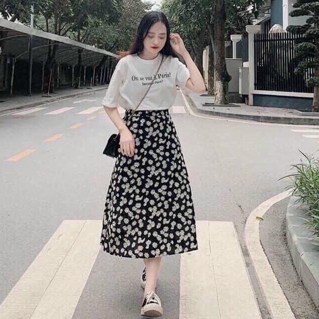 Áo kiểu kèm chân váy cúc họa mi cực xinh set váy nữ