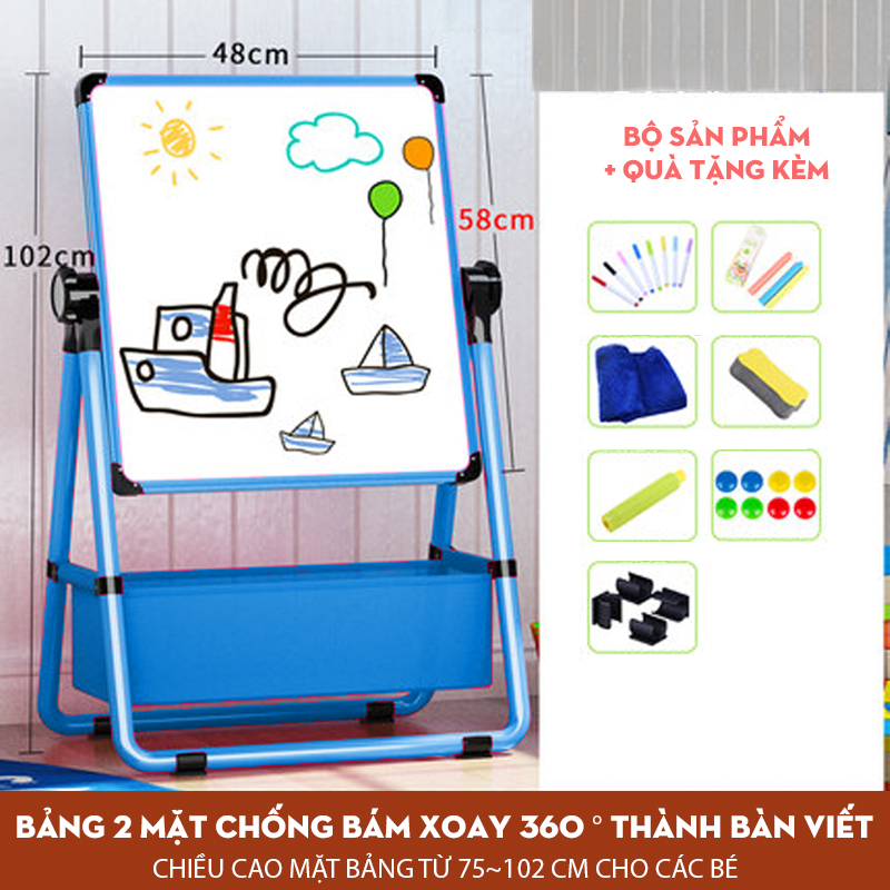Bảng từ xanh viết phấn cho bé di động Size 48x58cm , bảng từ trắng di động có giỏ để đồ , Bảng viết phấn chống loá Canashop