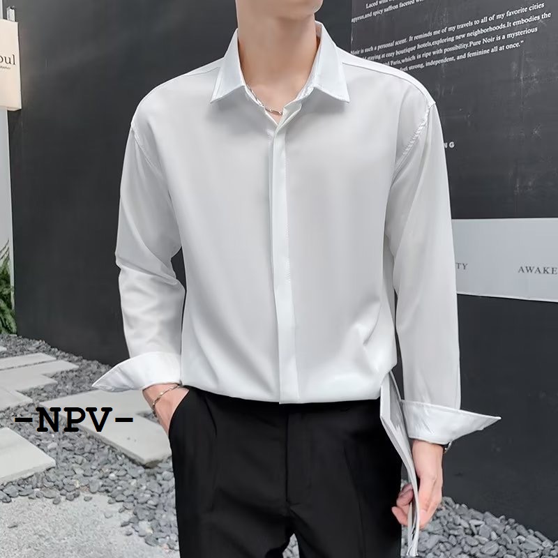 Áo sơ mi nam dài tay NPV cổ bẻ áo sơ mi trắng dáng ôm vải lụa nến không nhăn không xù
