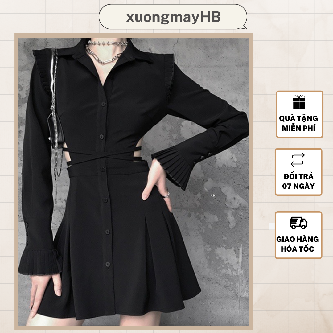Đầm nữ thiết kế HB cổ sơ mi tay phối xếp ly D112