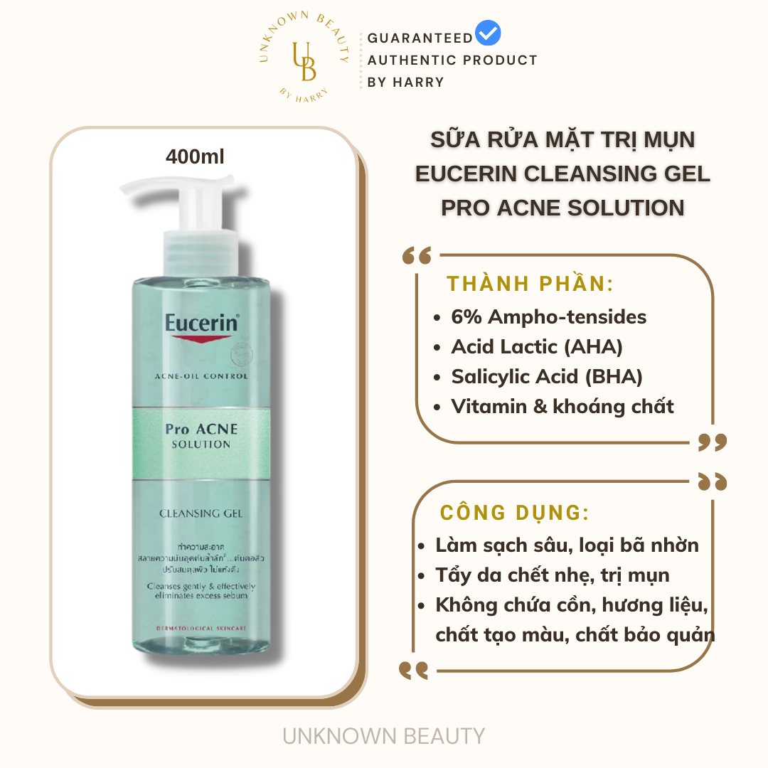 Gel rửa mặt Eucerin cho da dầu, mụn - Eucerin ProAcne Solution Cleansing Gel 400ml | Unknown Beauty