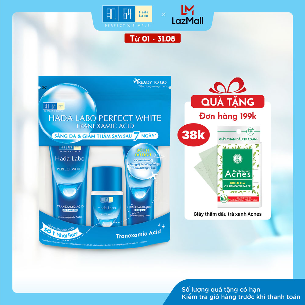 Bộ travel size dưỡng trắng Hada Labo Perfect White Tranexamic Acid Travel Set (Kem rửa mặt 15g+Dung dịch dưỡng 20ml+Kem dưỡng 12g)