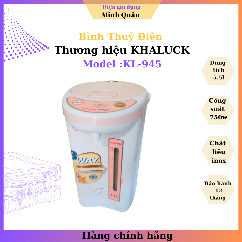 Bình Thủy Điện Khaluck.Home KL-945, chất liệu inox, tiện lợi an toàn cho sức khoẻ. Dung tích 5.5L hàng chính hãng bảo hành 12 tháng