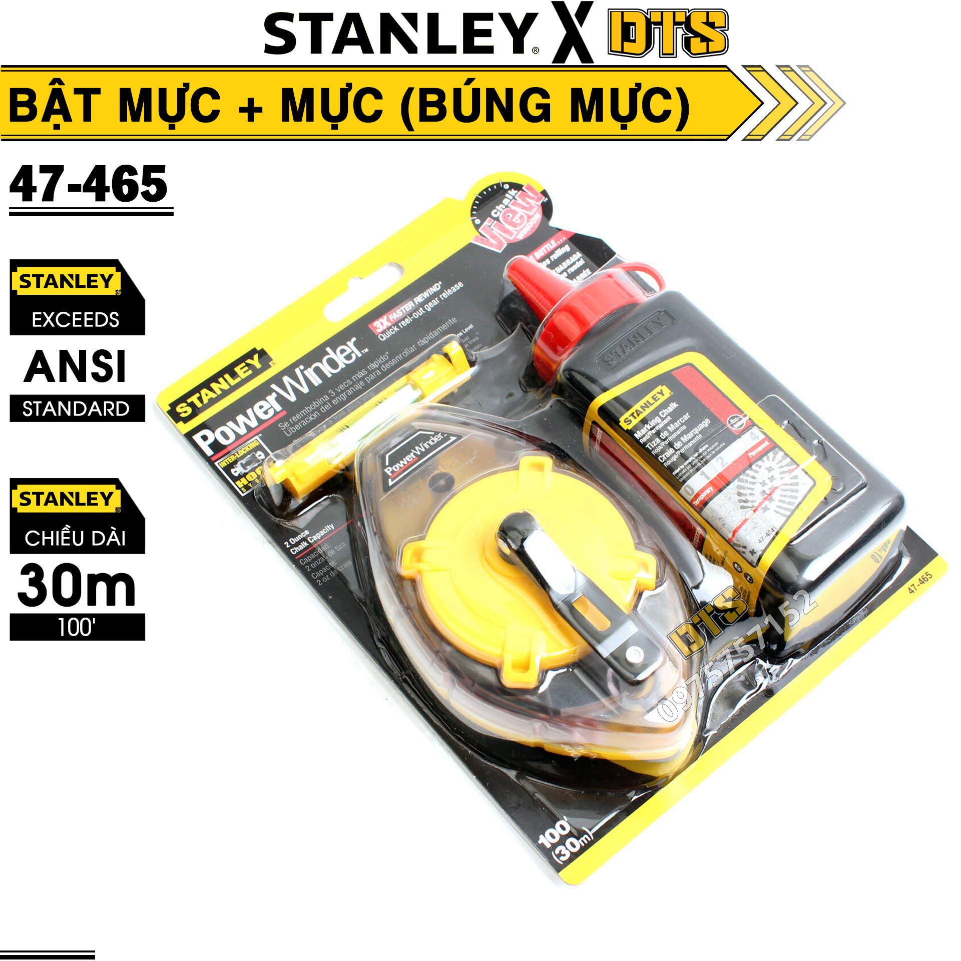 Bộ bật mực tay quay 30m PowerWinder hãng STANLEY Mỹ | Búng mực đánh dấu kèm hộp mực độ chính xác cao nhựa ABS siêu bền cho công trình, xây dựng 47-465