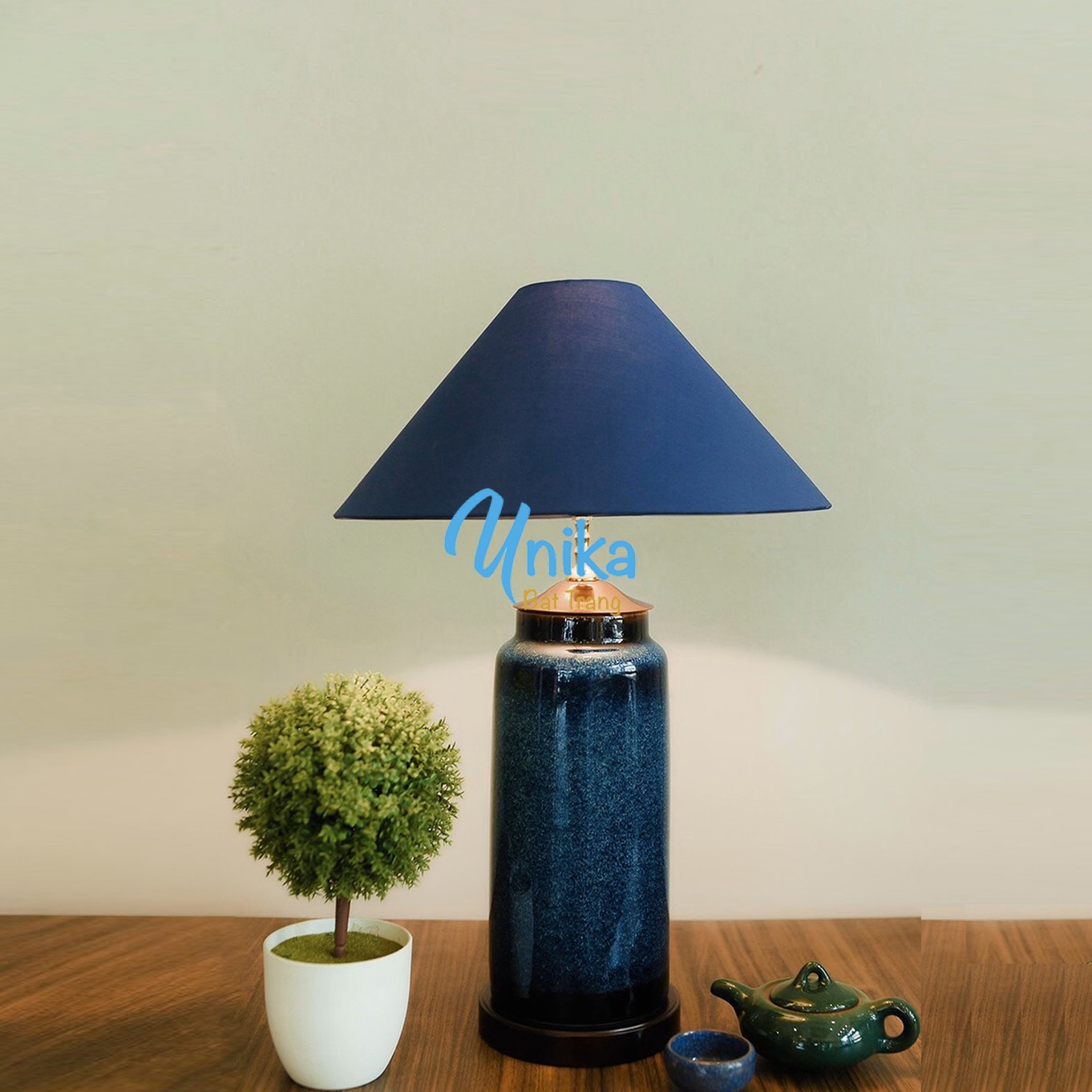 Đèn ngủ gốm sứ dáng ống đứng men xanh hoả biến - đèn ngủ gốm sứ cao cấp