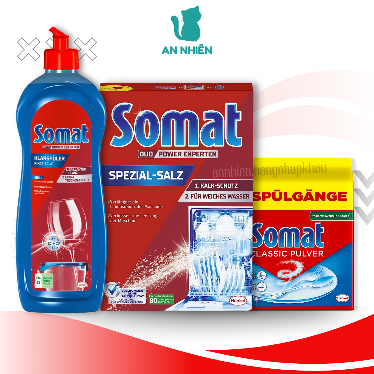 Combo bột rửa chén 960g, muối xử lý nước 1.2kg và nước làm bóng Somat 750ml của Đức